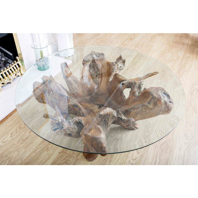 Round top teak root coffee table