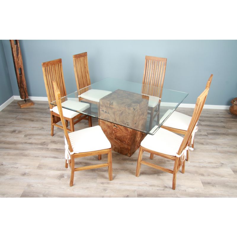 1.4m Reclaimed Teak Root Square Block Dining Table With 6 Vikka Chairs 