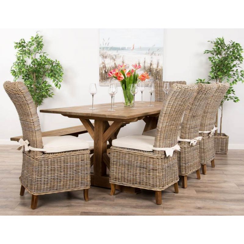 2m Reclaimed Teak Dinklik Dining Table with 1 Backless Bench & 5 Latifa Chairs   