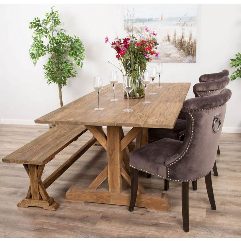 2m Reclaimed Teak Dinklik Dining Table with 1 Backless Bench & 3 Velvet Ring Back Chairs   