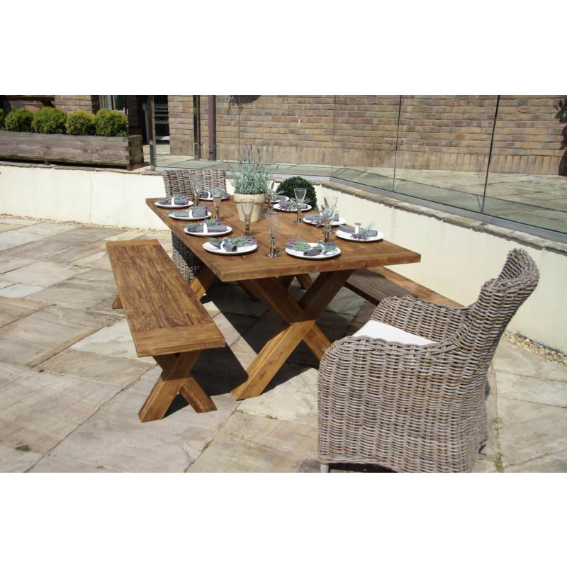 2m Reclaimed Teak Outdoor Open Slatted Cross Leg Table with 2 Backless Benches & 2 Donna Armchairs
