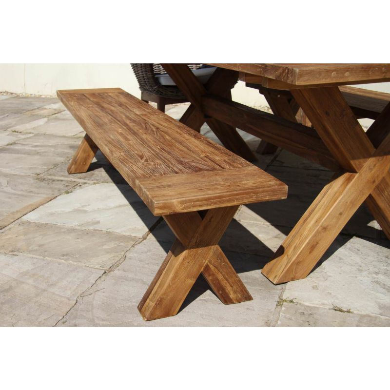 2m Reclaimed Teak Outdoor Open Slatted Cross Leg Backless Bench