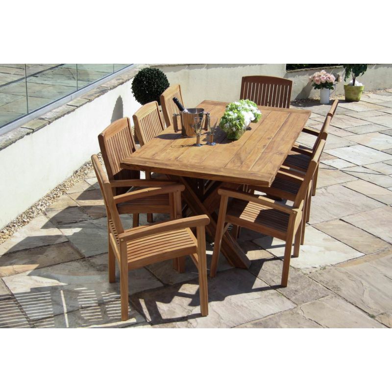 2m Reclaimed Teak Outdoor Open Slatted Cross Leg Table with 8 Marley Armchairs