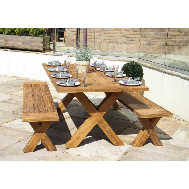 2m Reclaimed Teak Outdoor Open Slatted Cross Leg Table with 2 Backless Benches