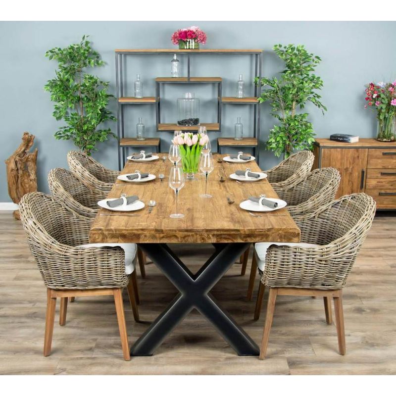 2.4m Reclaimed Teak Urban Fusion Cross Dining Table with 6 or 8 Scandi Armchairs