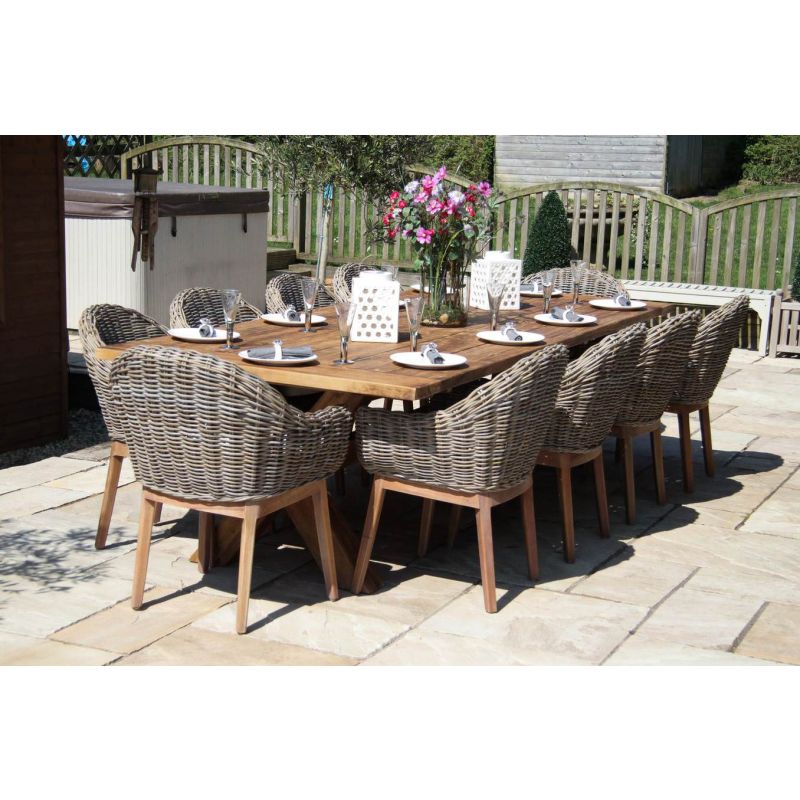 3m Reclaimed Teak Outdoor Open Slatted Cross Leg Table with 10 Scandi Armchairs 