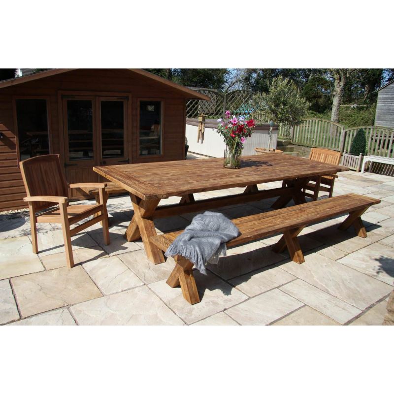 3m Reclaimed Teak Outdoor Open Slatted Cross Leg Table with 2 Backless Benches & 2 Marley Armchairs