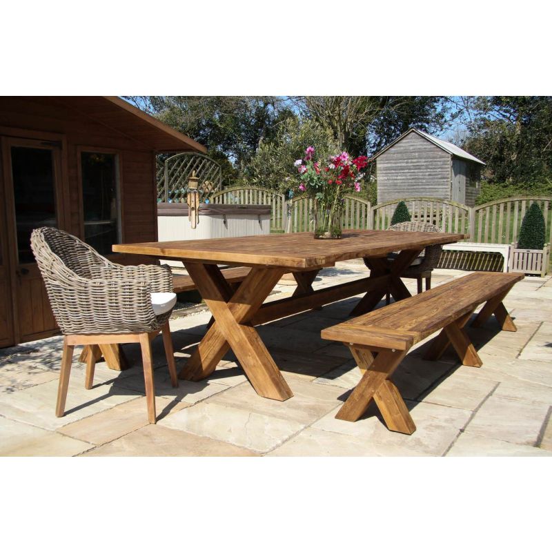 3m Reclaimed Teak Outdoor Open Slatted Cross Leg Table with 2 Backless Benches & 2 Scandi Armchairs