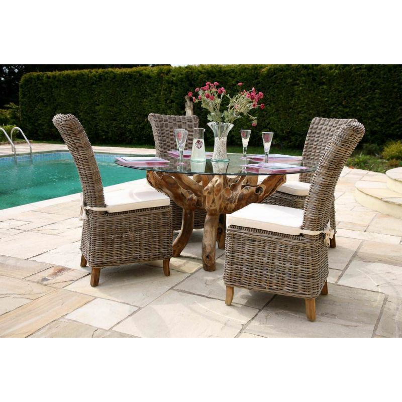 1.5m Reclaimed Teak Root Garden Dining Table with 4 Latifa Dining Chairs