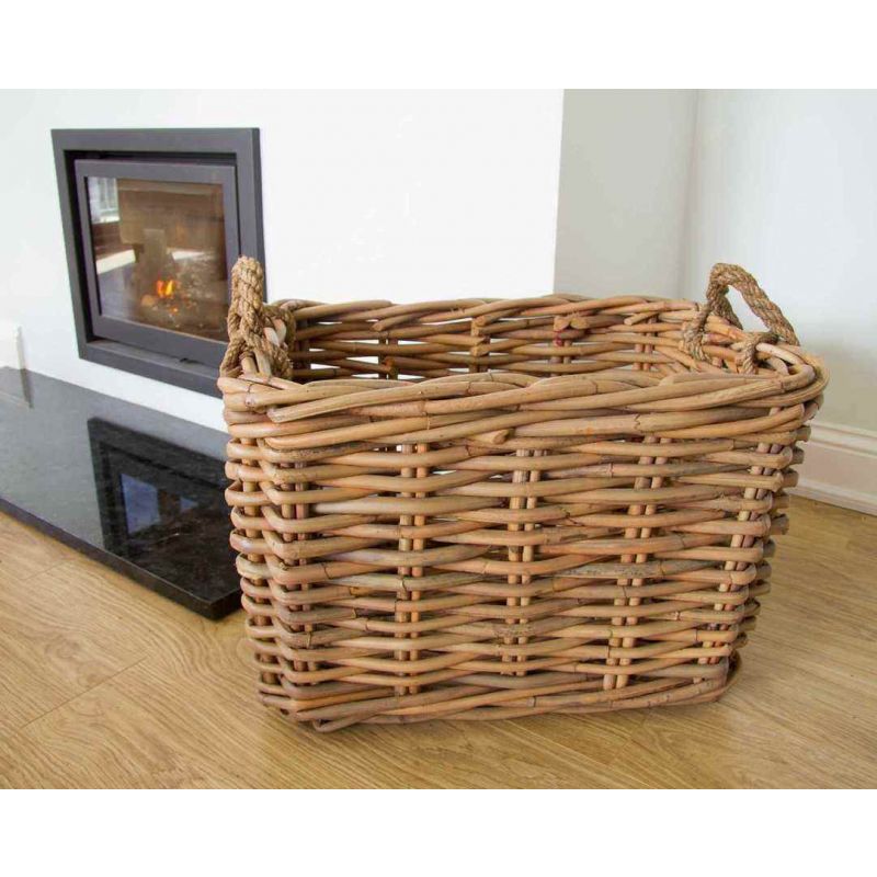 Large Natural Wicker Rectangular Log Basket with Rope Handles