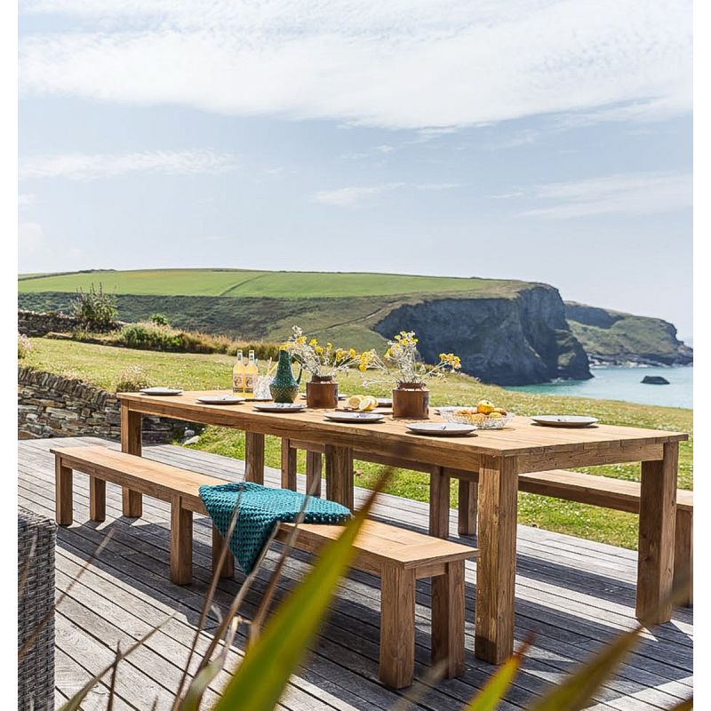 3m Reclaimed Teak Outdoor Open Slatted Table with 2 Backless Benches