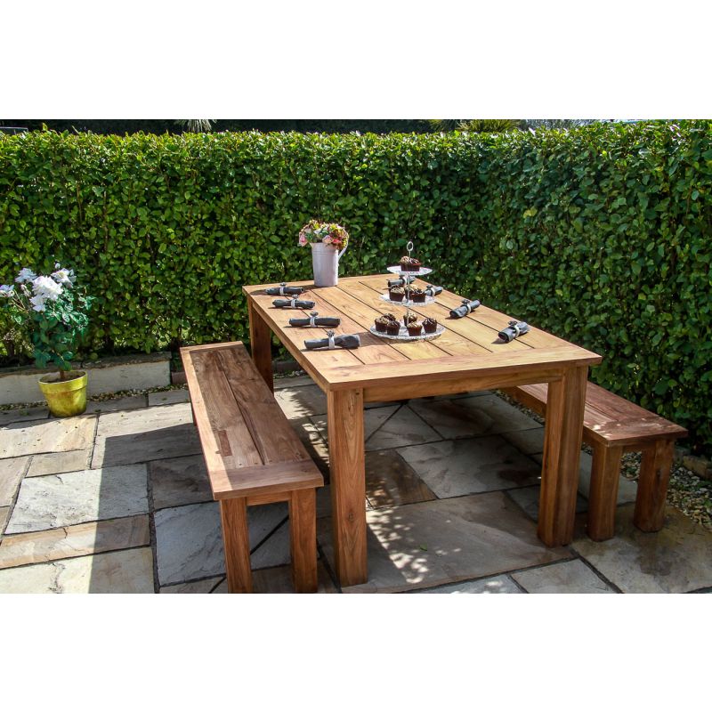 2m Reclaimed Teak Outdoor Open Slatted Table with 2 Backless Benches 