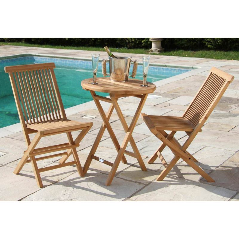 60cm Teak Circular Folding Table with 2 Classic Folding Chairs