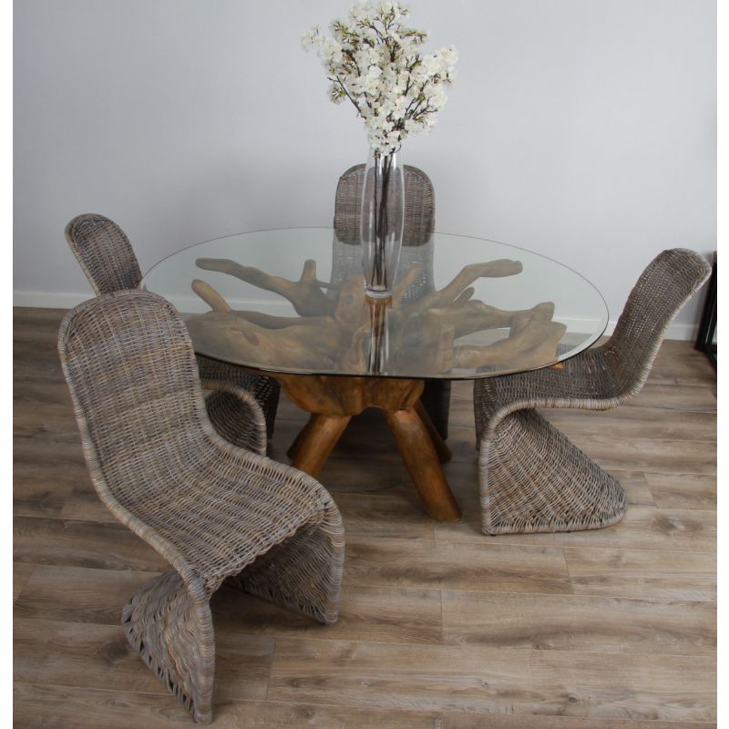 1.5m x 1.2m Reclaimed Teak Root Oval Dining Table with 4 Zorro Chairs