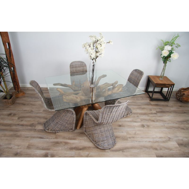 1.5m x 1.2m Reclaimed Teak Root Rectangular Dining Table with 4 Zorro Chairs 