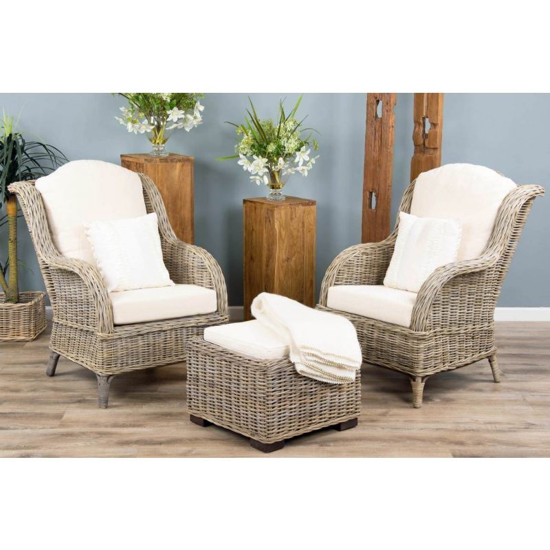 2 Jumo Natural Wicker Armchairs and Footstool Set