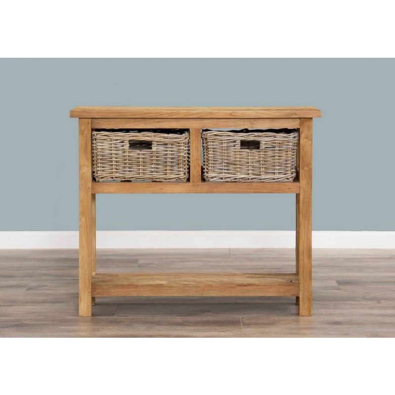 Reclaimed Teak 2 Drawer Hall Table with Shelf plus 2 Kubu Grey Natural Wicker Baskets