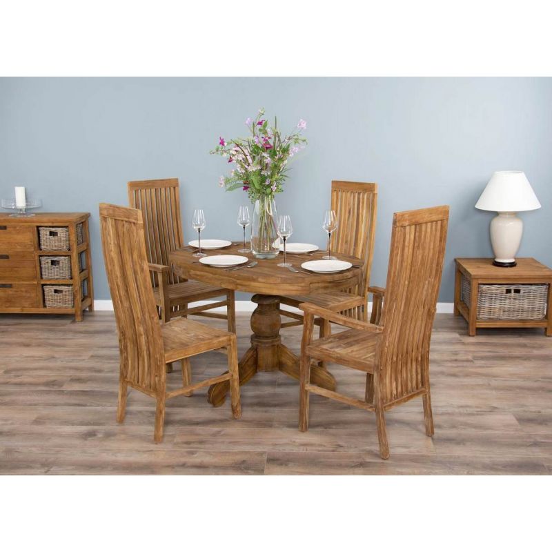 1.2m Reclaimed Teak Oval Pedestal Dining Table with 2 Vikka Dining Chairs & 2 Vikka Armchairs