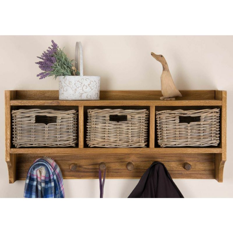 Reclaimed Teak Coat Hook Storage Unit - Three Basket