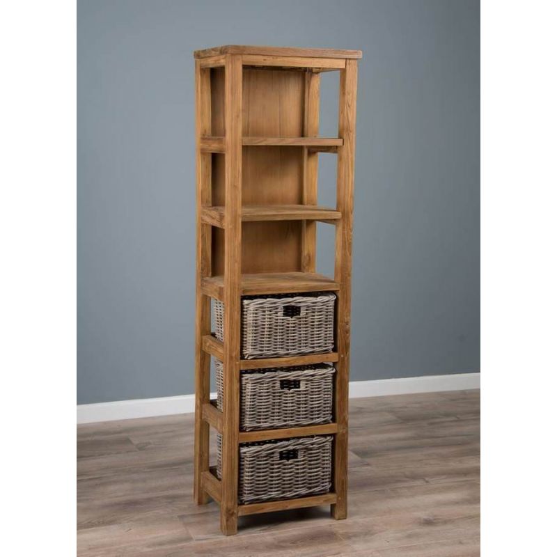 Reclaimed Teak Storage Unit with 3 Shelves plus 3 Natural Wicker Basket