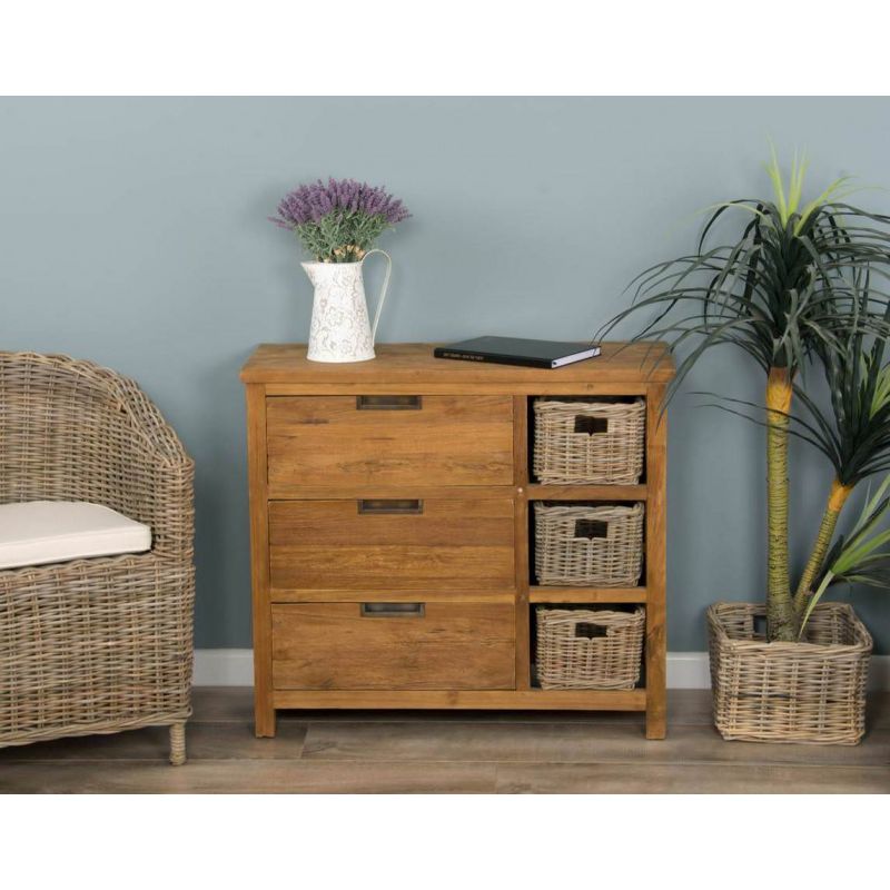 Reclaimed Teak 3 Drawer 3 Basket Storage Unit - 90cm