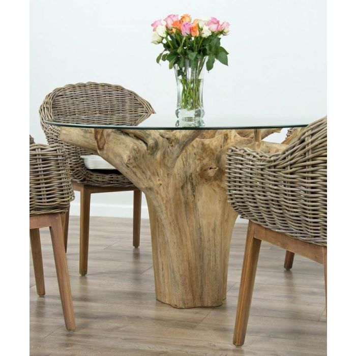 1.2m Reclaimed Teak Flute Root Circular Dining Table with 4 Scandi Armchairs - 6