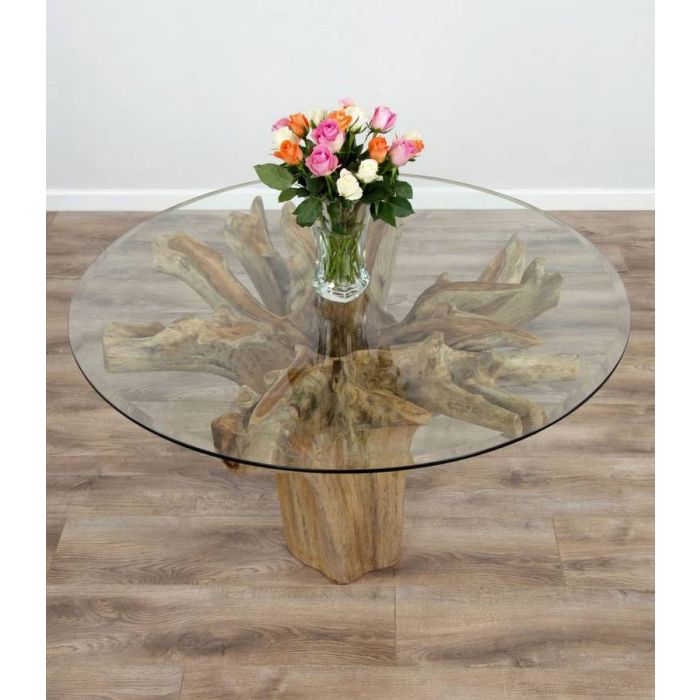 1.2m Reclaimed Teak Flute Root Circular Dining Table with 4 or 6 Stackable Zorro Chairs - 8