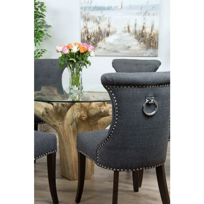 1.2m Reclaimed Teak Flute Root Circular Dining Table with 4 Dove Grey Ring Back Dining Chairs - 6