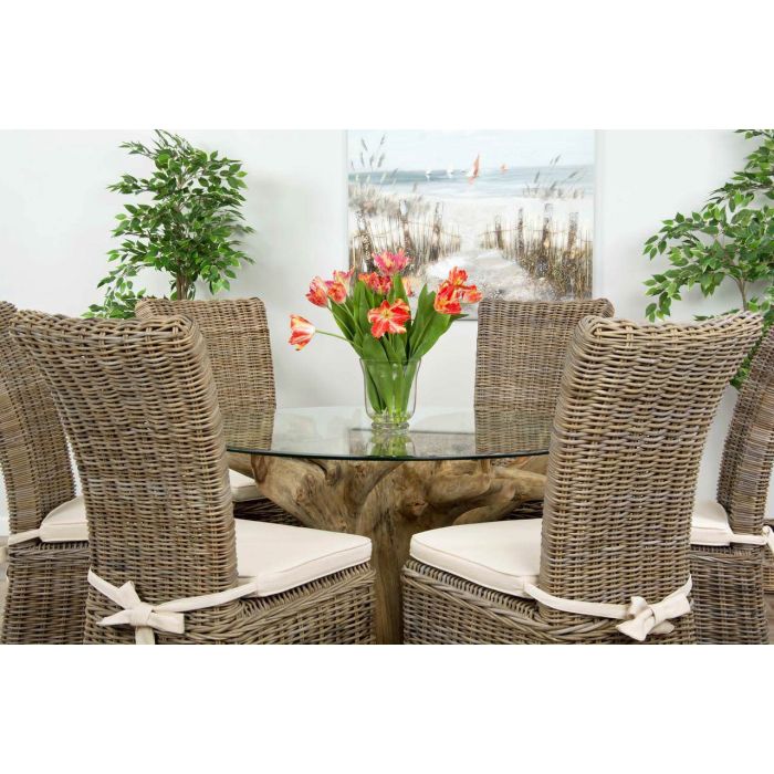 1.2m Reclaimed Teak Flute Root Circular Dining Table with 4 Latifa Dining Chairs - 10