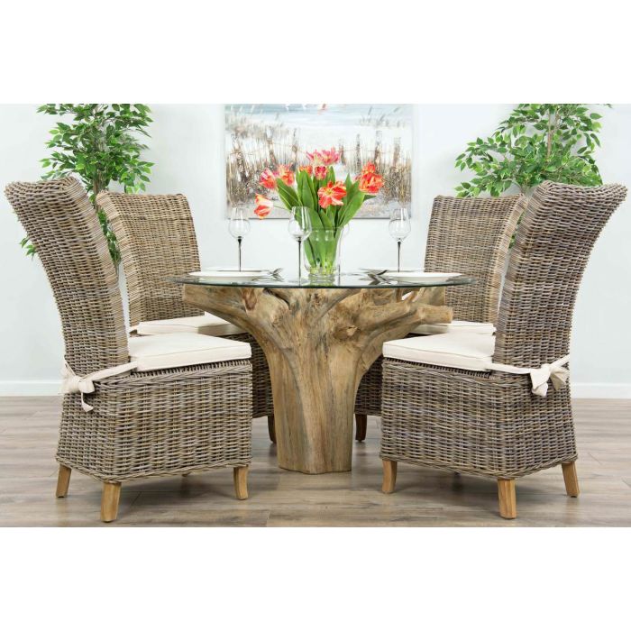 1.2m Reclaimed Teak Flute Root Circular Dining Table with 4 Latifa Dining Chairs - 5