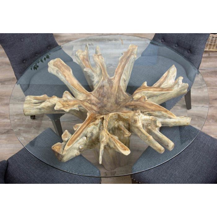 1.2m Reclaimed Teak Flute Root Circular Dining Table with 4 Dove Grey Ring Back Dining Chairs - 5