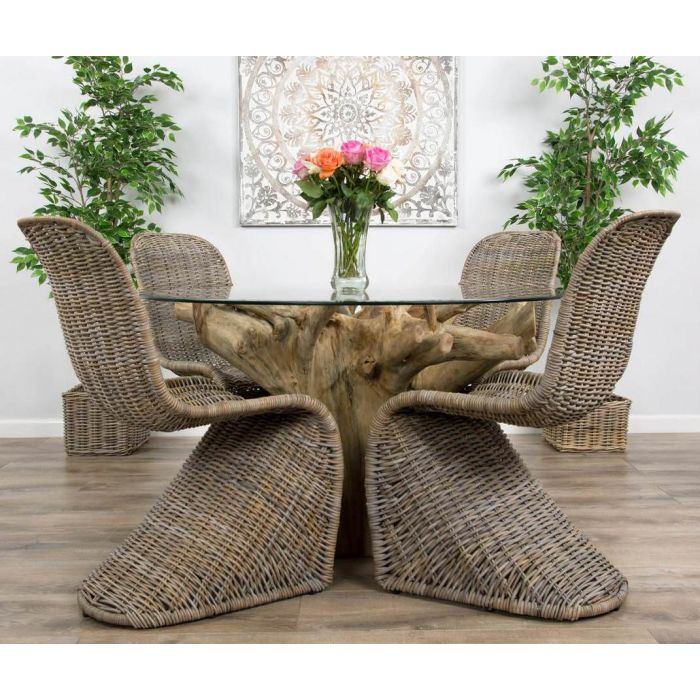 1.2m Reclaimed Teak Flute Root Circular Dining Table with 4 or 6 Stackable Zorro Chairs - 3
