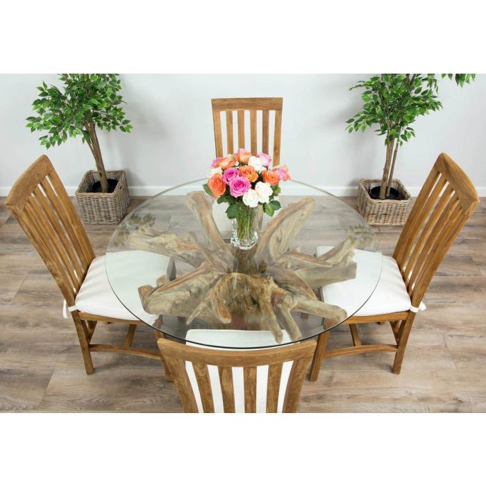 1.2m Reclaimed Teak Flute Root Circular Dining Table with 4 Santos Dining Chairs  - 5