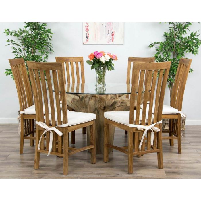 1.2m Reclaimed Teak Flute Root Circular Dining Table with 4 Santos Dining Chairs  - 13