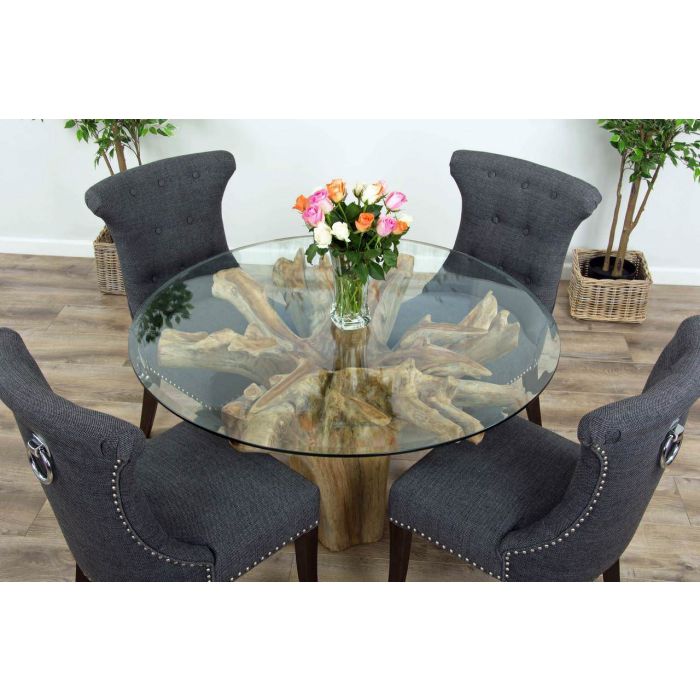 1.2m Reclaimed Teak Flute Root Circular Dining Table with 4 Dove Grey Ring Back Dining Chairs - 1