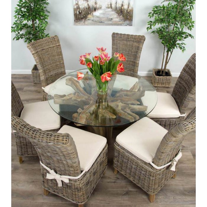 1.2m Reclaimed Teak Flute Root Circular Dining Table with 4 Latifa Dining Chairs - 14