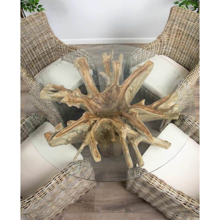 1.2m Reclaimed Teak Flute Root Circular Dining Table with 4 Donna Dining Chairs  - 2