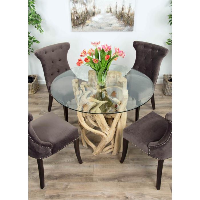1.2m Java Root Circular Dining Table with 4 or 6 Velveteen Ring Back Dining Chairs  - 1