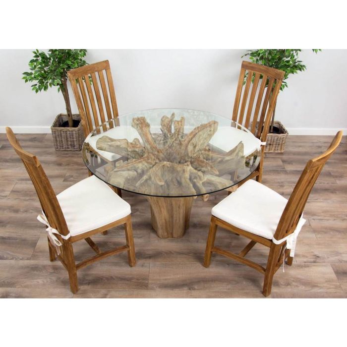 1.2m Reclaimed Teak Flute Root Circular Dining Table with 4 Santos Dining Chairs  - 6