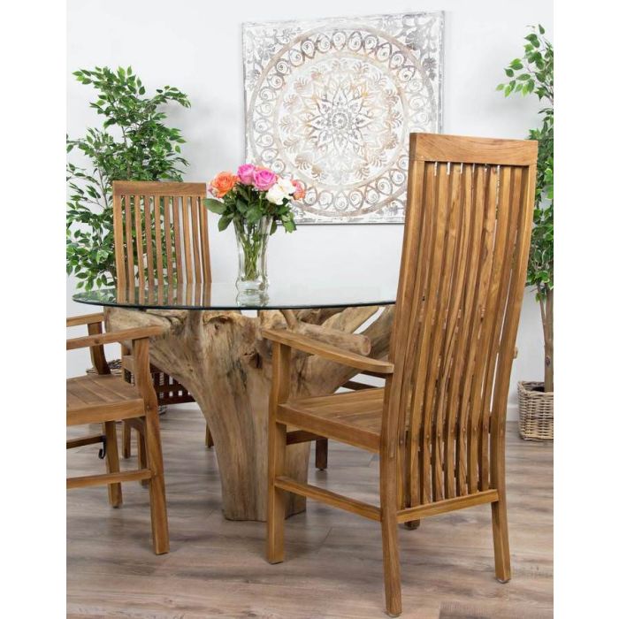 1.2m Reclaimed Teak Flute Root Circular Dining Table with 4 Vikka Armchairs - 3