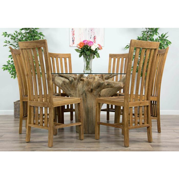 1.2m Reclaimed Teak Flute Root Circular Dining Table with 4 Santos Dining Chairs  - 9