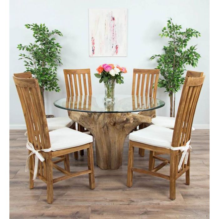 1.2m Reclaimed Teak Flute Root Circular Dining Table with 4 Santos Dining Chairs  - 12