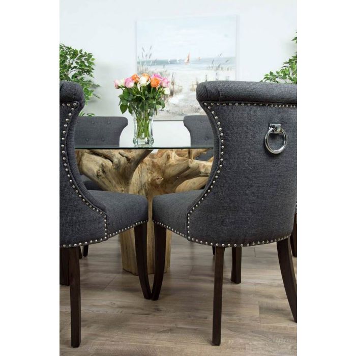 1.2m Reclaimed Teak Flute Root Circular Dining Table with 4 Dove Grey Ring Back Dining Chairs - 7