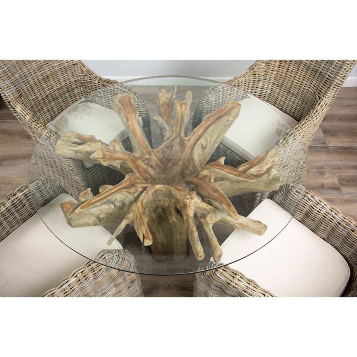 1.2m Reclaimed Teak Flute Root Circular Dining Table with 4 Donna Dining Chairs  - 4