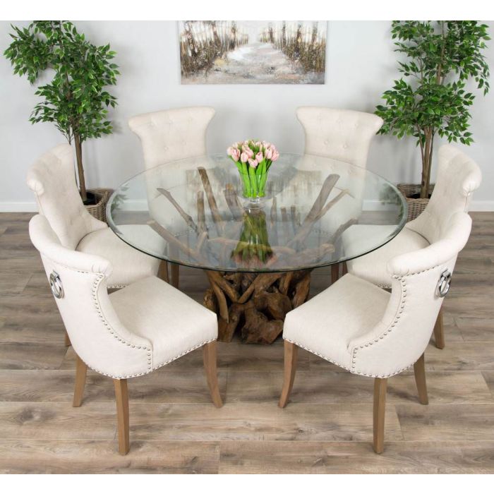 1.5m Reclaimed Teak Root Piece Circular Dining Table with 6 Natural Windsor Ring Back Chairs - 8