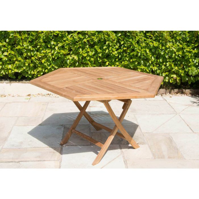 1.2m Teak Hexagonal Folding Table with 6 Kiffa Folding Chairs - 5