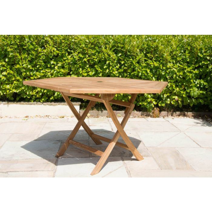 1.2m Teak Hexagonal Folding Table with 6 Kiffa Folding Chairs - 4