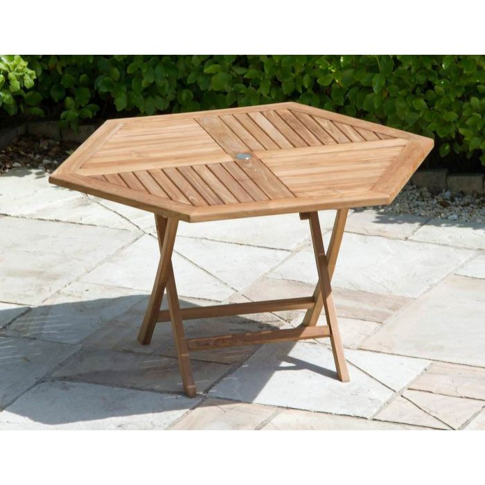 1.2m Teak Hexagonal Folding Table with 6 Kiffa Folding Chairs - 3
