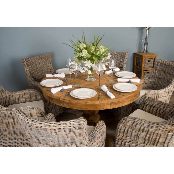 1.2m Reclaimed Teak Circular Pedestal Dining Table with 6 Donna Armchairs - 1