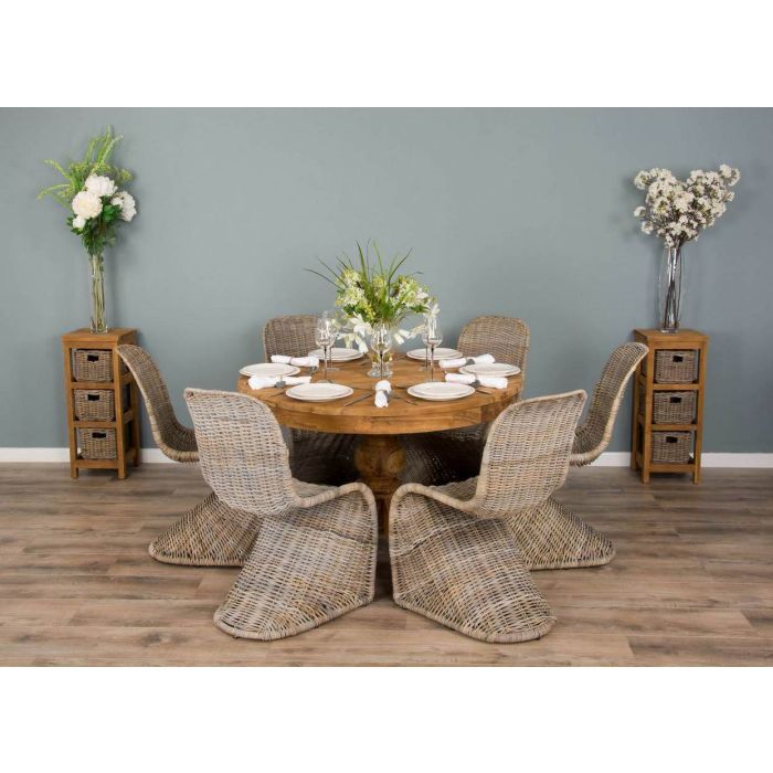 1.2m Reclaimed Teak Circular Pedestal Dining Table with 6 Stackable Zorro Chairs - 2